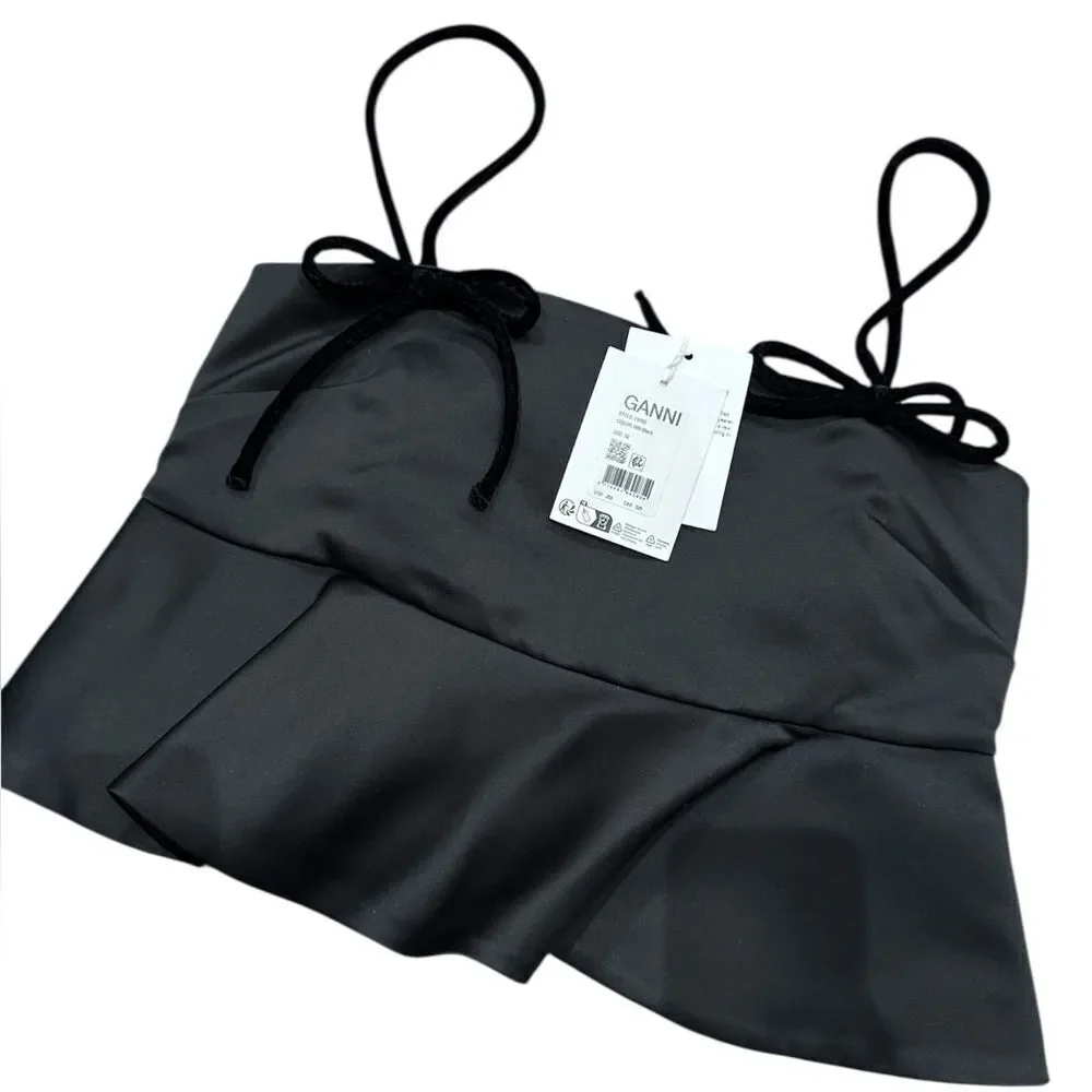 NWT GANNI Black Duchesse Satin Top in black